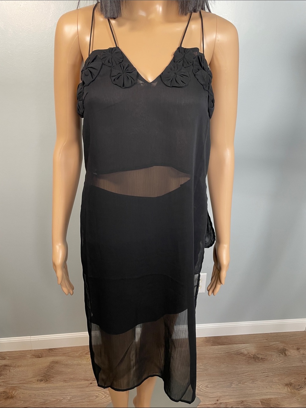 H&M Black Sheer Floral-Appliqué Slip Tunic